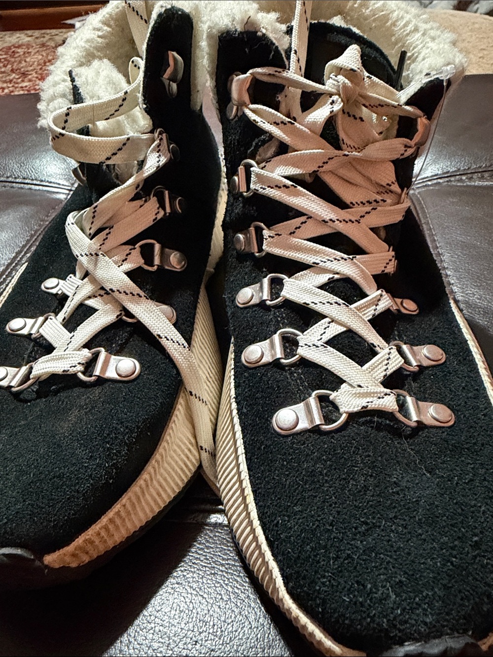 Sorel Black Suede Lace-Up Boots with Cream Laces